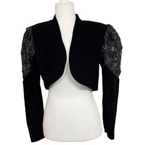 Vintage Zum Zum Black Velvet Sequin Lace Bolero Jacket‎ Puff Sleeve Glam
